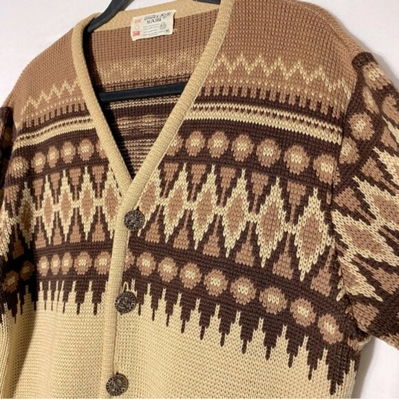Vintage White Ram Tan Brown Fair Isle Virgin Wool Knit Button Up Cardigan M - Picture 13 of 16